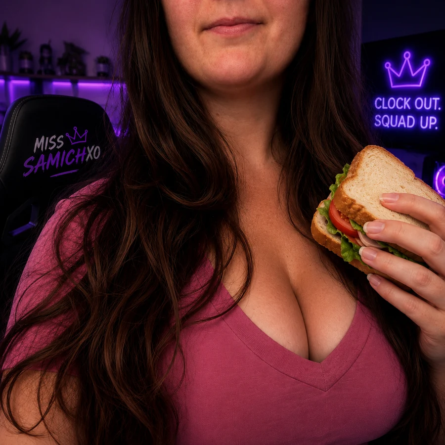 Miss Samich holding a sandwich